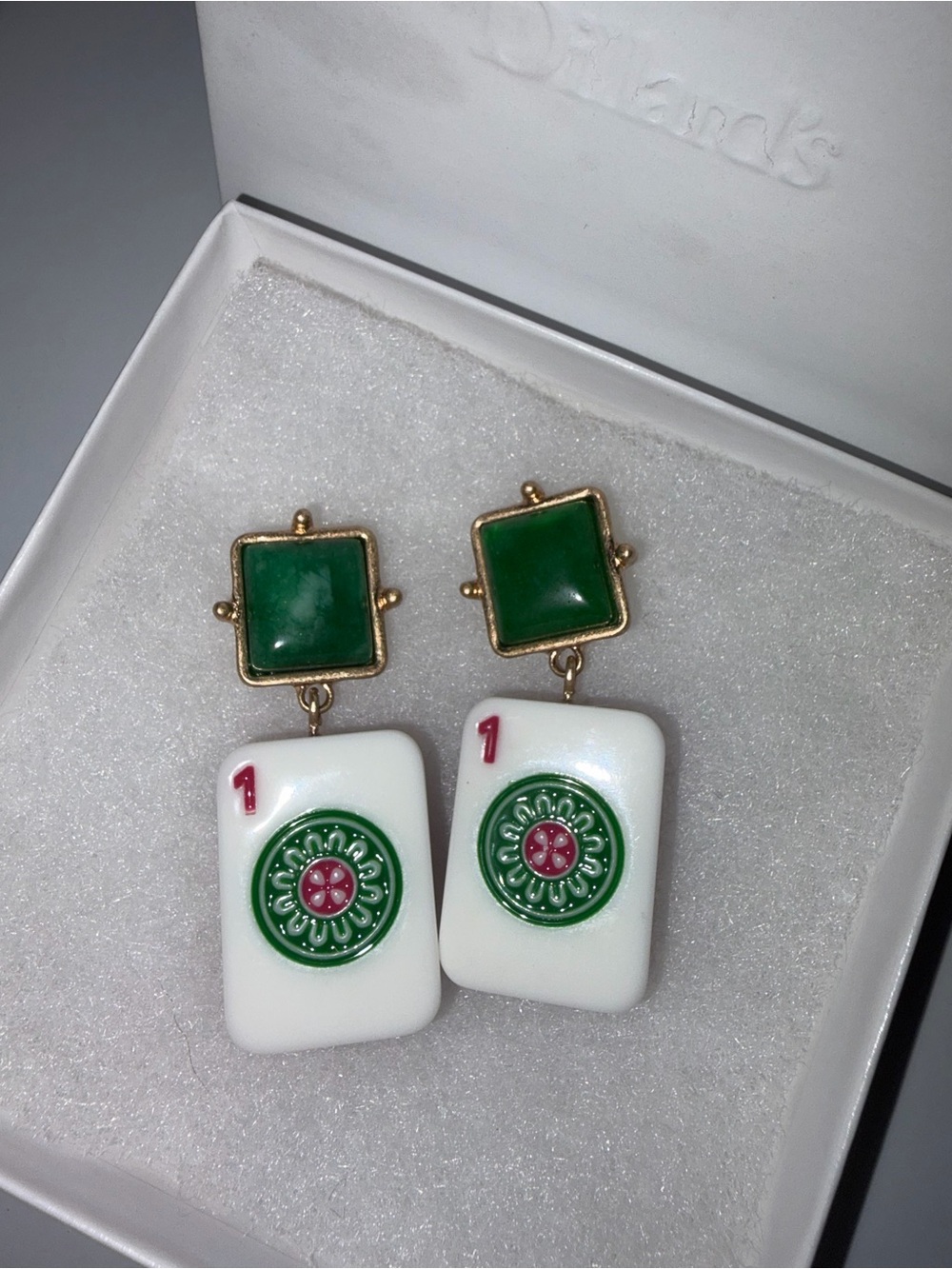 Gold-Tone Green and White Mahjong Tile Drop Earrings